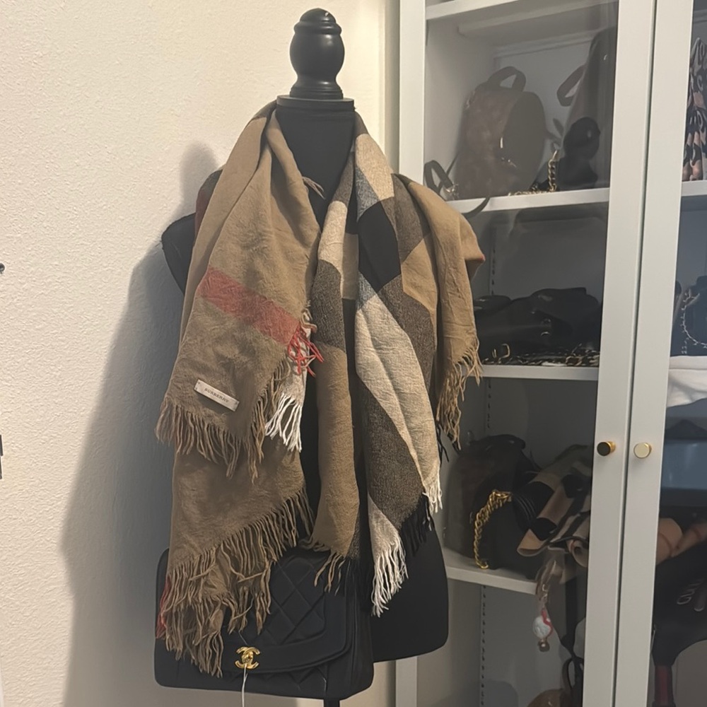 Burberry Beige and Black Plaid Scarf with Fringe